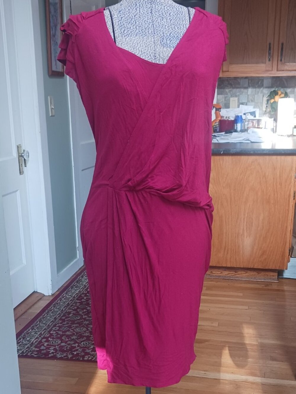 Magenta Jersey Midi Dress Ruched side wrap